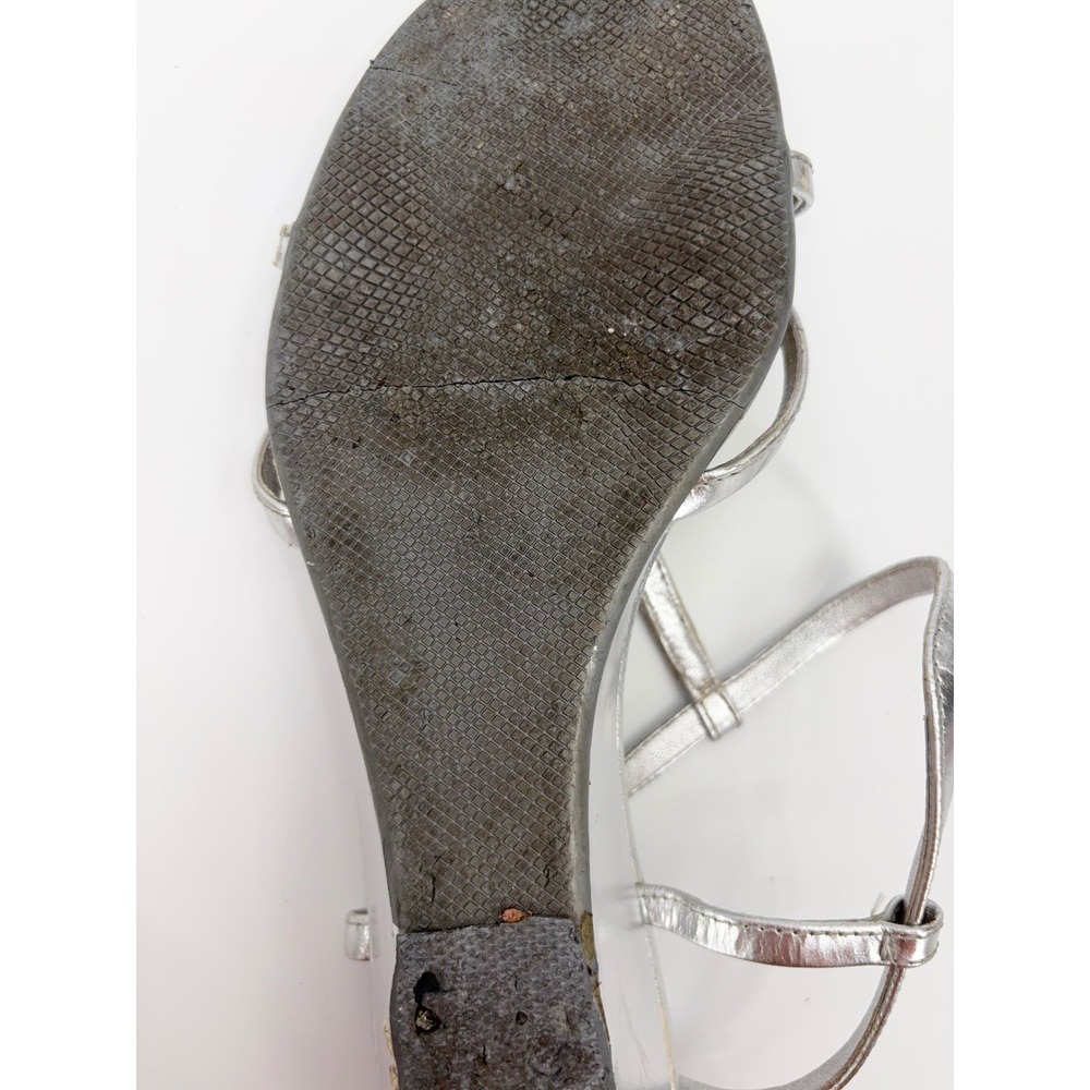 B5 Prada Metallic Leather Wedge Sandals 9.5 Silver T-Strap Medallion Strappy - Picture 8 of 14